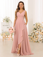 Chiffon Spaghetti-Strap V-Neck Ruched Bodice High-Slit A-Line Floor-Length Blush Pink Bridesmaid Dresses