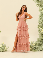 Chiffon Spaghetti-Strap V-Neck Ruffled Tiered Skirt High-Slit Floor-Length Romantic Bridesmaid Dress