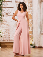 Chiffon Spaghetti-Strap V-Neck Ruched Bodice Wide-Leg Floor-Length Bridesmaid Jumpsuits