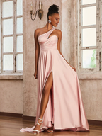 Satin Spaghetti-Strap Ruched Bodice High-Slit A-Line Train Floor-Length Bridesmaid Dresses