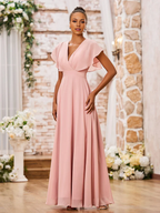 Chiffon Flutter-Sleeve V-Neck Ruched Bodice A-Line Floor-Length Bridesmaid Dresses