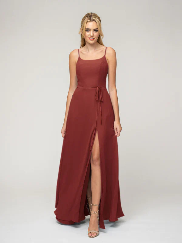 Bridesmaid Dresses A Line Chiffon With Belt Slit Scoop Neckline Elegant For Bridesmaids