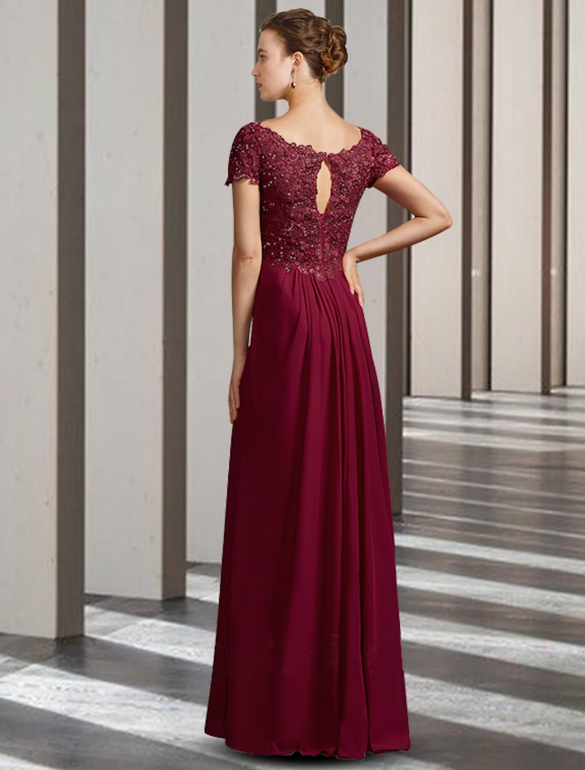Mother of the Bride Dress Elegant V Neck Floor Length Chiffon Lace Short Sleeve with Appliques