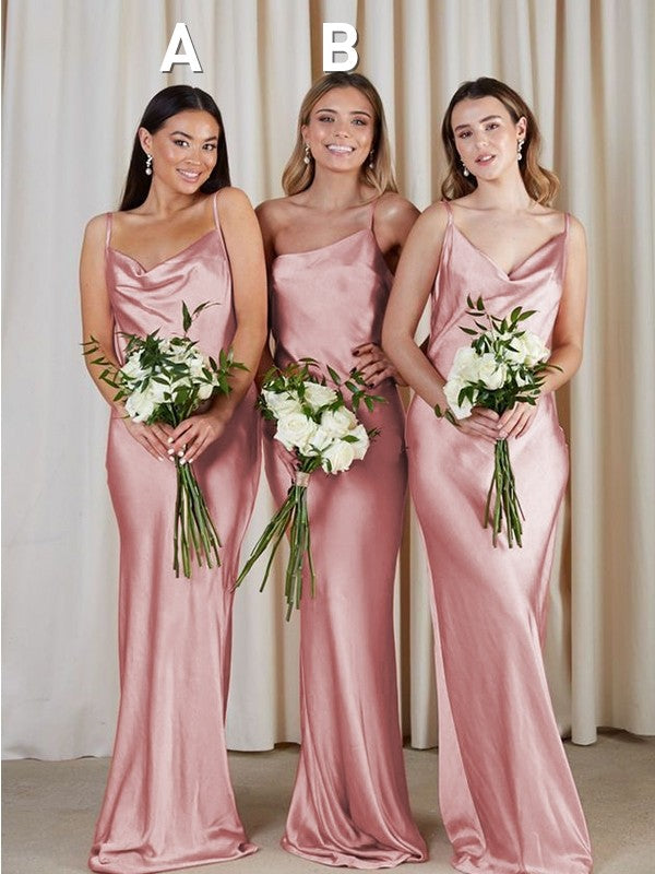 Elegant Bridesmaid Dress Silk Like Satin Ruched Spaghetti Straps Sleeveless Sweep Train For Bridesmaids