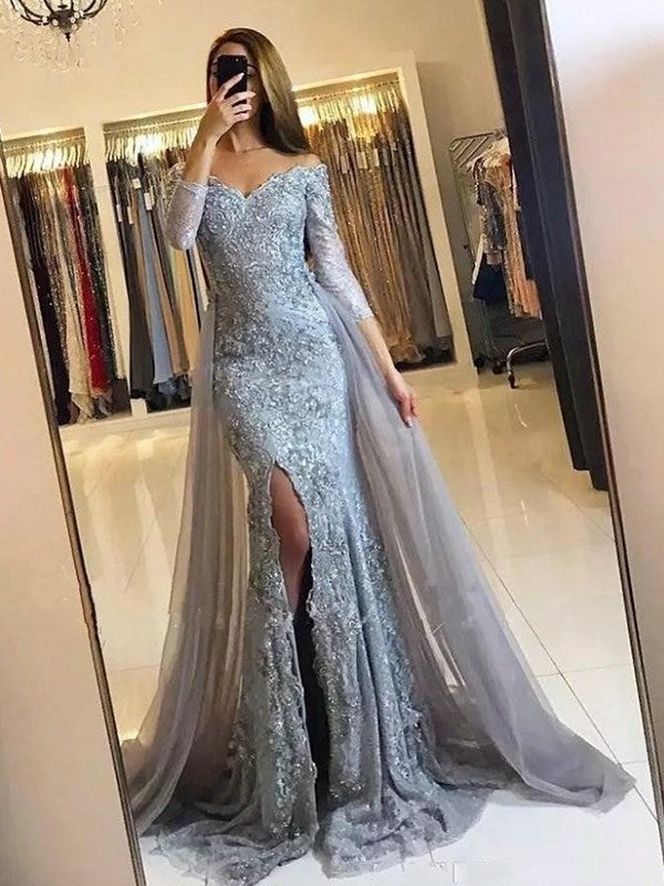 Elegant Trumpet Mermaid Lace Wedding Dress With Long Sleeves Sweep Train Off Shoulder For Brides