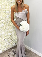 Bridesmaid Dress Charmeuse Trumpet Mermaid Ruffles Strapless Sleeveless Sweep Train For Wedding Party