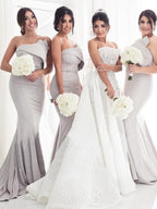 Bridesmaid Dress Charmeuse Trumpet Mermaid Ruffles Strapless Sleeveless Sweep Train For Wedding Party