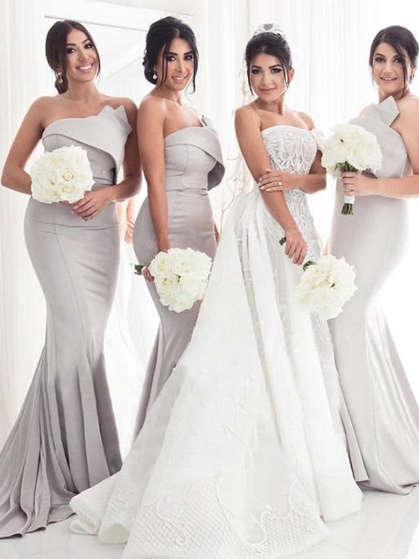 Bridesmaid Dress Charmeuse Trumpet Mermaid Ruffles Strapless Sleeveless Sweep Train For Wedding Party