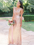 Bridesmaid Dresses Sequined A Line Floor Length V Neck Sleeveless With Elegant Ruffles For Bridesmaids