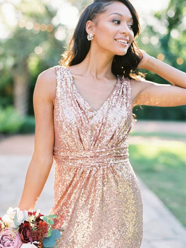 Bridesmaid Dresses Sequined A Line Floor Length V Neck Sleeveless With Elegant Ruffles For Bridesmaids