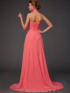 A-Line/Princess Halter Sleeveless Hand-Made Flower Long Chiffon Bridesmaid Dresses