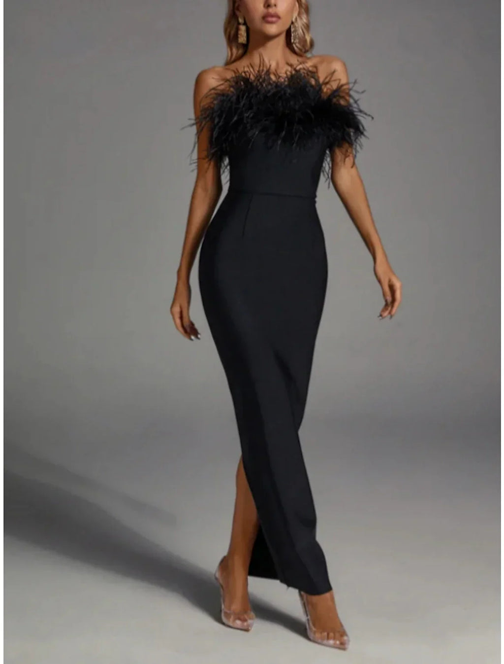 DingJiDress Black Sheath Evening Gown With Feather Detail Strapless Sleeveless Ankle Length Formal Dress For Women