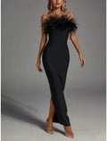 DingJiDress Black Sheath Evening Gown With Feather Detail Strapless Sleeveless Ankle Length Formal Dress For Women