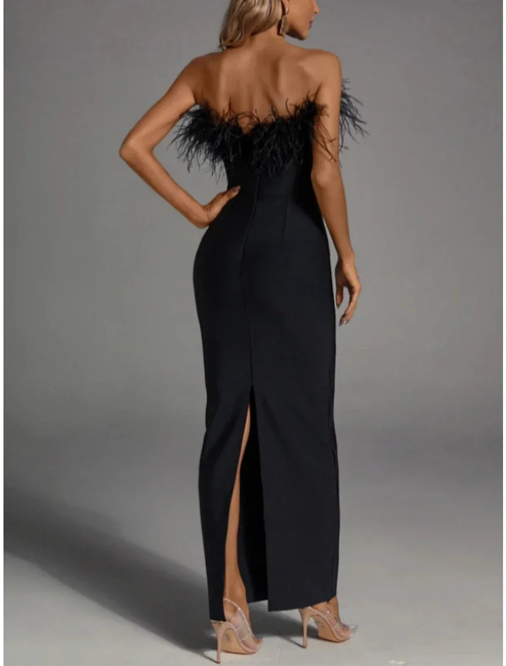 DingJiDress Black Sheath Evening Gown With Feather Detail Strapless Sleeveless Ankle Length Formal Dress For Women