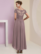 Two Piece A-Line Mother of the Bride Dress Formal Wedding Guest Elegant V Neck Length Lace Short Sleeve Wrap Included with Pleats Appliques