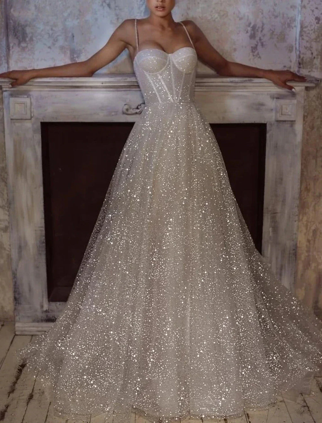 Sparkle And Shine Wedding Dress For Brides Beaded Sequined A Line Sweetheart Camisole Spaghetti Strap Gown