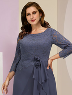 Plus Size Mother of the Bride Dress Wedding Guest Party Elegant Scoop Neck Floor Length Chiffon Lace  Sleeve with Ruffles Appliques