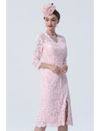 Mother of the Bride Dress Plus Size V Neck Knee Length Lace Sleeve with Lace Split Front