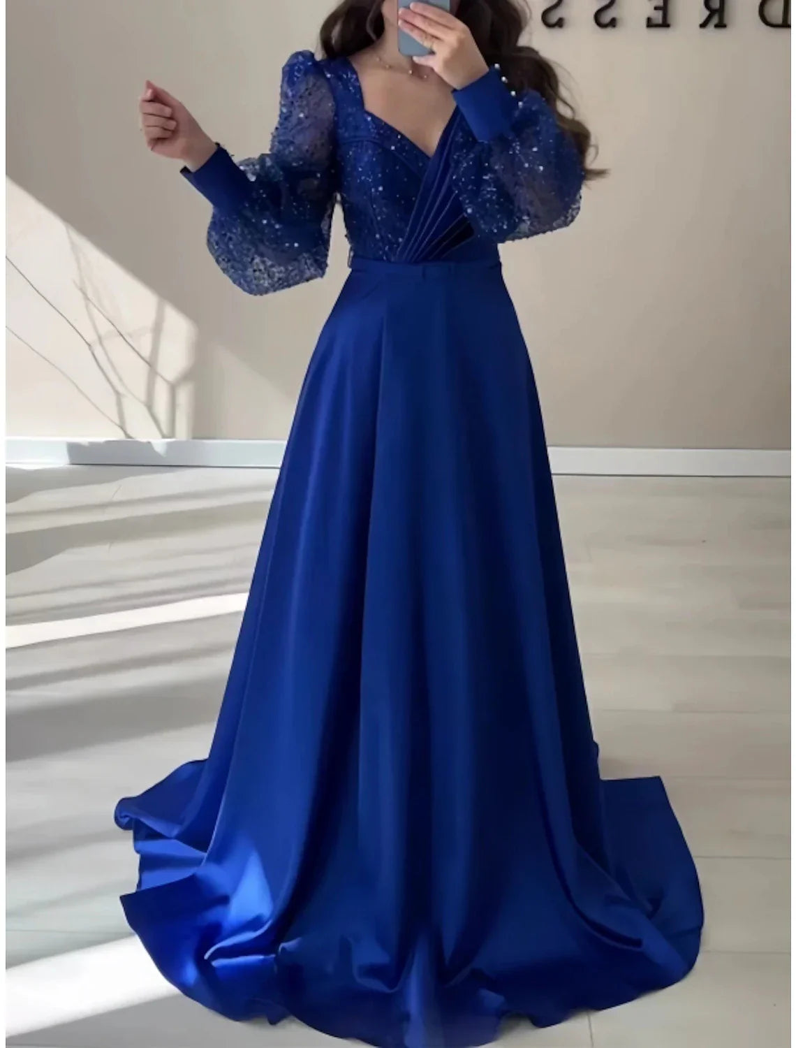 Elegant A Line Evening Gown Satin Black Dress With Sparkle Glitter Pleats Long Sleeve For Formal Events