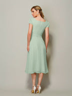 Elegant Bridesmaid Dress Tea Length Sheath Chiffon With Ruffles Short Sleeves For Wedding Party