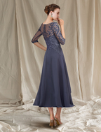 A-Line Mother of the Bride Dress Elegant Floor Length Chiffon Lace Half Sleeve with Pleats