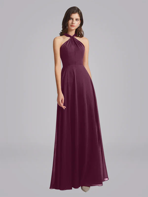 Halter Neckline Chiffon A Line Bridesmaid Dress For Elegant Bridal Party In Soft Pastel Tones