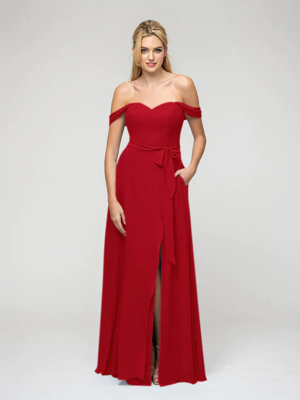 A Line Chiffon Bridesmaid Dress Slit Off The Shoulder Elegant Wedding Party Gown For Bridesmaids