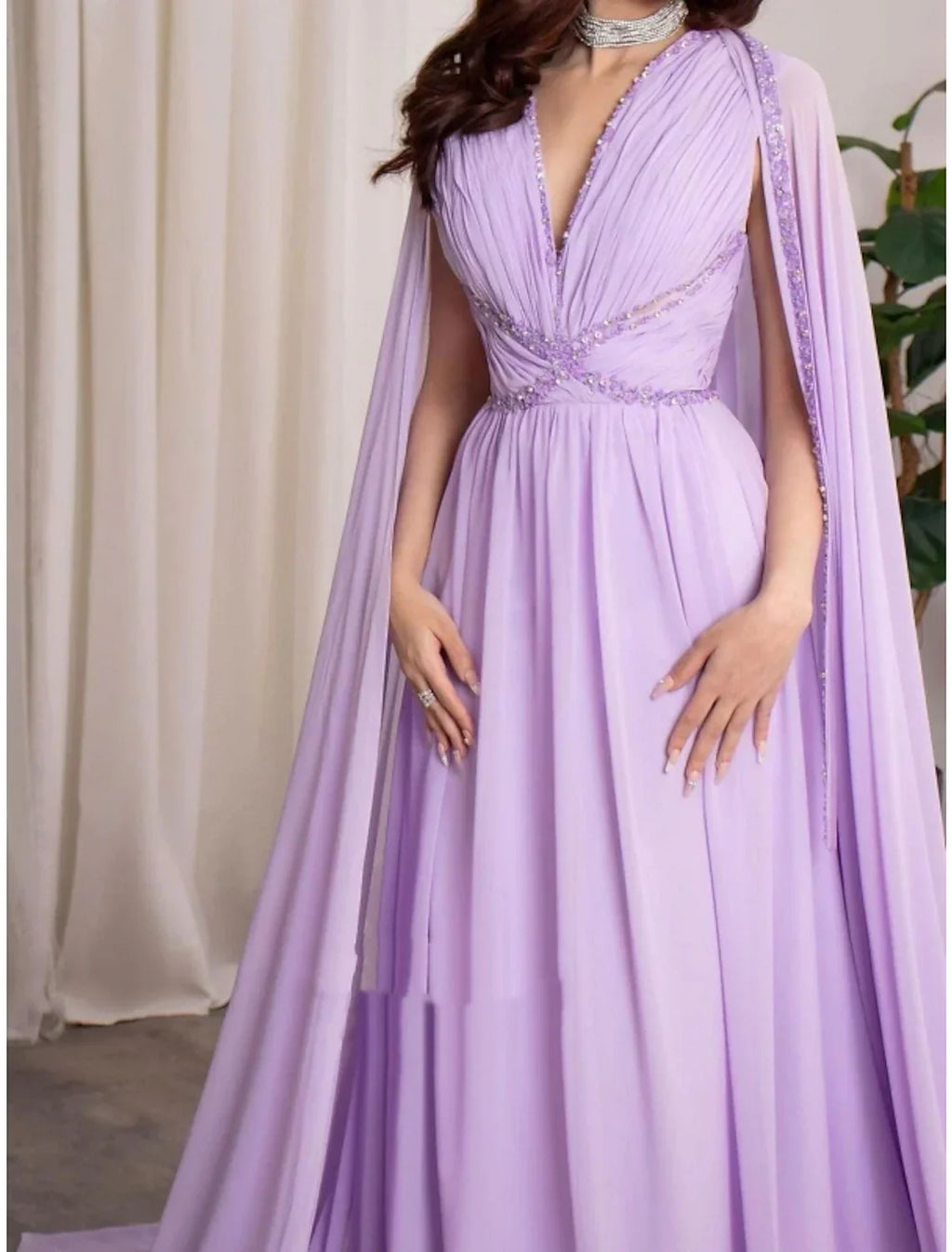 A Line Evening Gown Elegant Long Sleeve V Neck Chiffon Sequin Pleated Dress For Formal Events