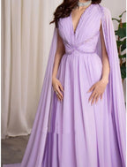 A Line Evening Gown Elegant Long Sleeve V Neck Chiffon Sequin Pleated Dress For Formal Events