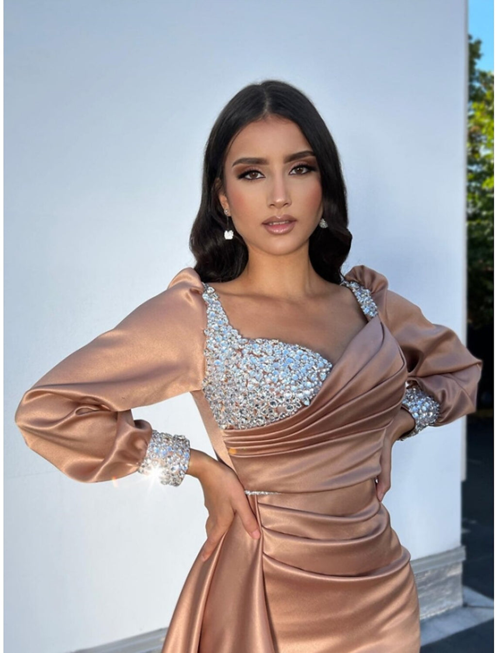 A Line Satin Evening Gown Glitter Ruched Long Sleeve Square Neck Court Train For Formal Events