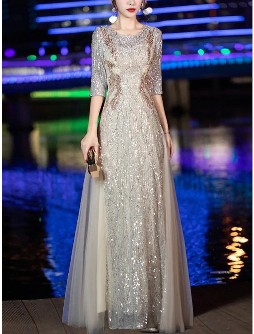 Mother Of The Bride Dress Sparkle Sheath Gown Petite Scoop Neck Floor Length Tulle Sequined Half Sleeve