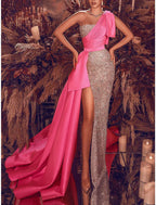 Aline Prom Dress Color Block Sparkle And Shine One Shoulder Satin Sequin Gown For Prom Night High Split And Court Train