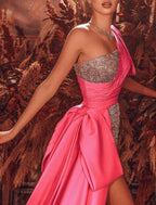Aline Prom Dress Color Block Sparkle And Shine One Shoulder Satin Sequin Gown For Prom Night High Split And Court Train