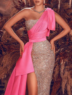 Aline Prom Dress Color Block Sparkle And Shine One Shoulder Satin Sequin Gown For Prom Night High Split And Court Train