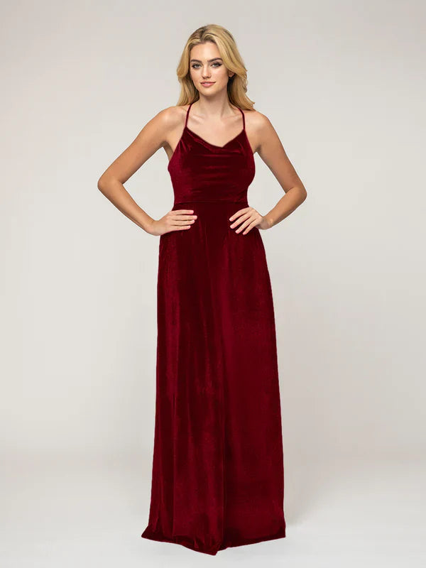 Velvet Cowl Neck Bridesmaid Dresses With Crisscross Back For Glamorous Wedding Party