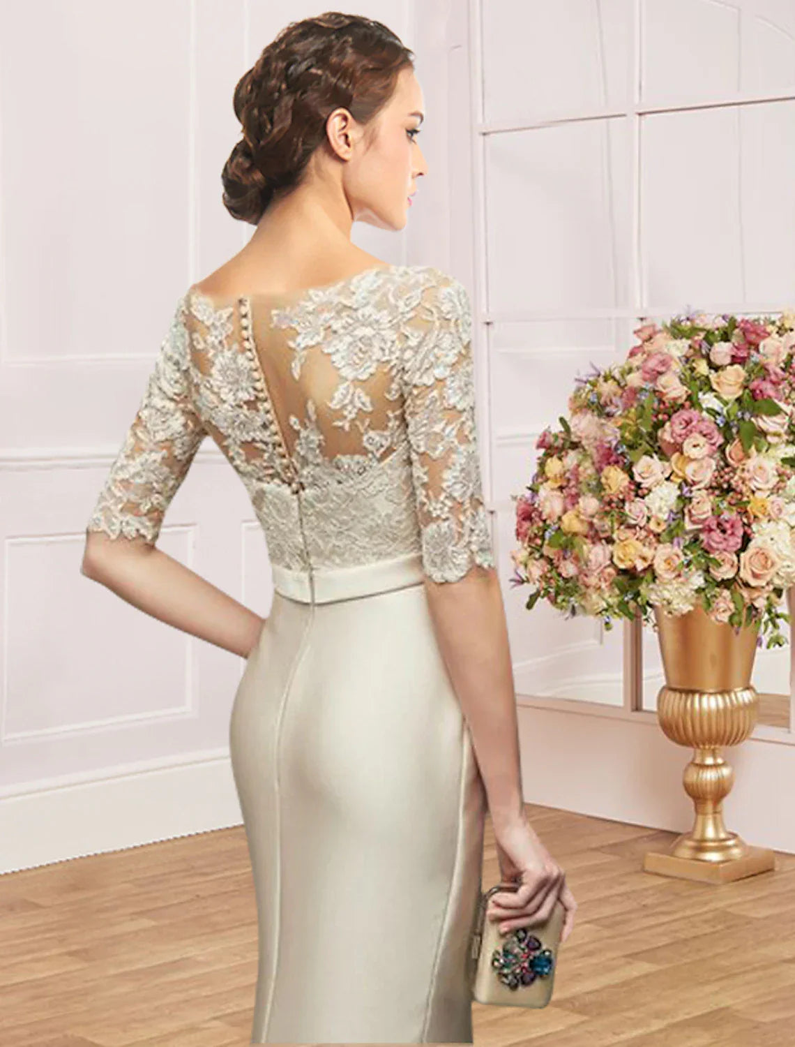 Mother Of The Bride Dress Satin Lace Sheath Jewel Neck Floor Length Half Sleeve Bow Ruching Elegant