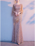 Mother Of The Bride Dress Sheath Style Petite Floor Length Jewel Neck Elegant Sparkling Sequined Three Quarter Sleeve