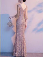 Mother Of The Bride Dress Sheath Style Petite Floor Length Jewel Neck Elegant Sparkling Sequined Three Quarter Sleeve