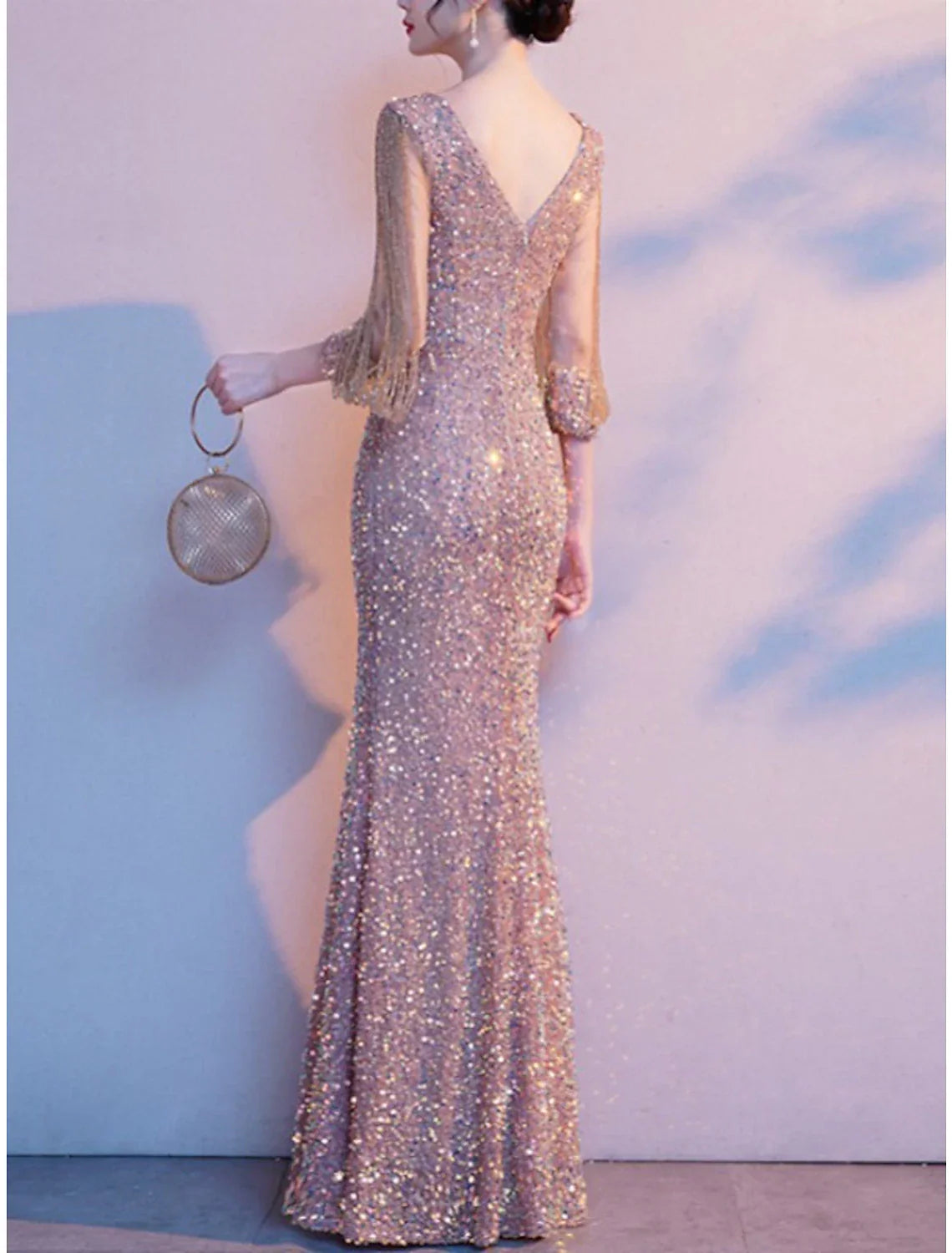 Mother Of The Bride Dress Sheath Style Petite Floor Length Jewel Neck Elegant Sparkling Sequined Three Quarter Sleeve