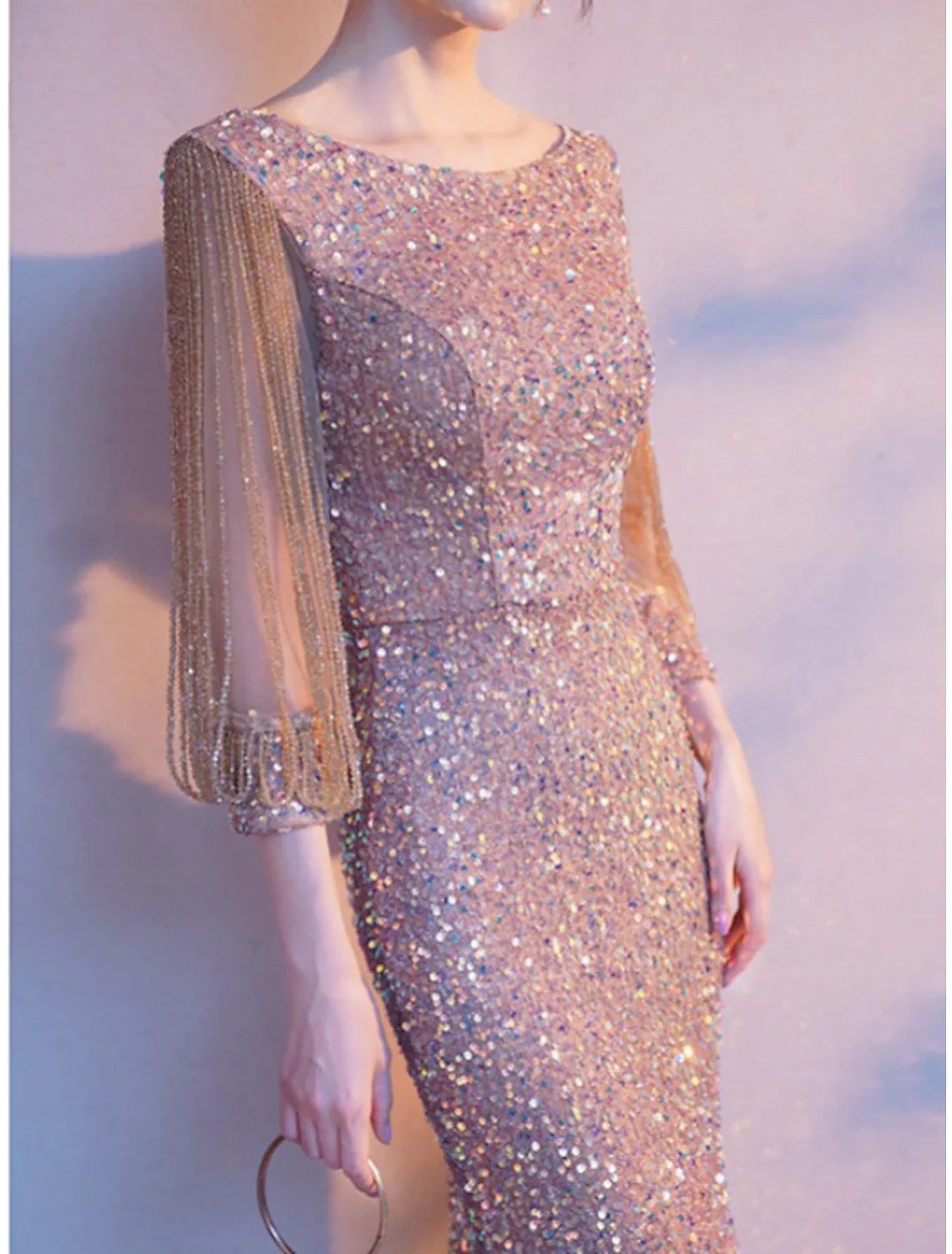 Mother Of The Bride Dress Sheath Style Petite Floor Length Jewel Neck Elegant Sparkling Sequined Three Quarter Sleeve