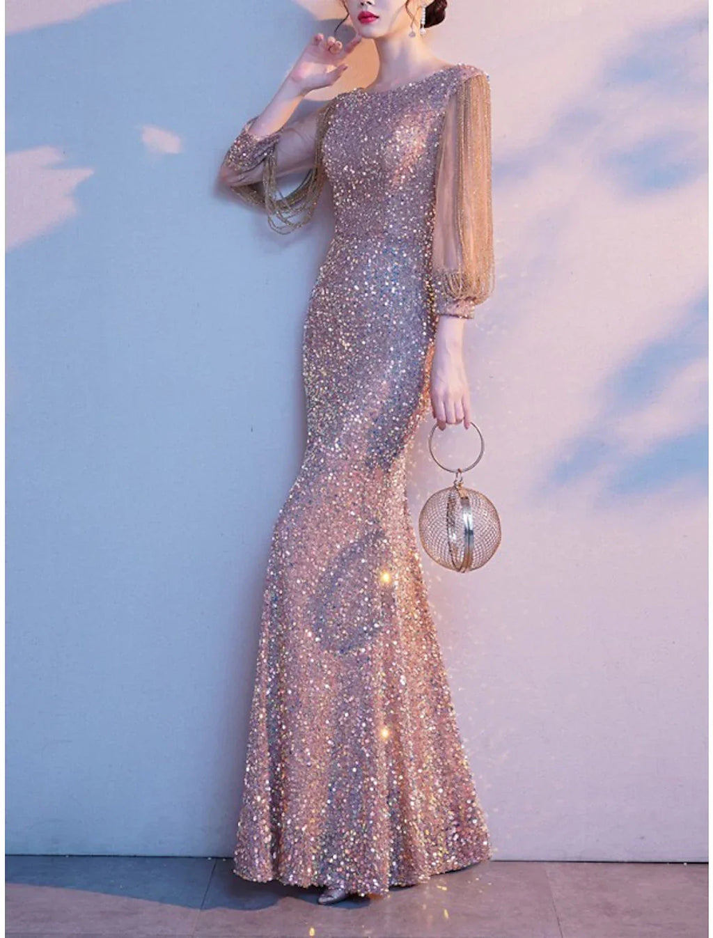 Mother Of The Bride Dress Sheath Style Petite Floor Length Jewel Neck Elegant Sparkling Sequined Three Quarter Sleeve