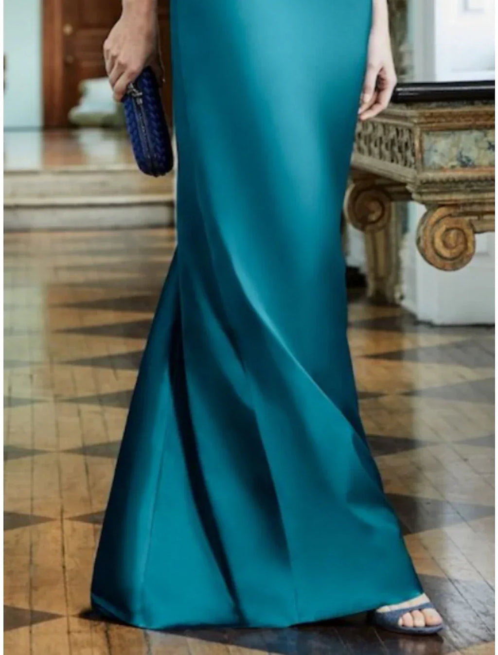 Mother Of The Bride Dress Satin Elegant Sheath Off Shoulder Floor Length With Ruched Short Sleeves
