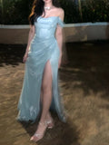 Baby Blue A Line Off the Shoulder Sequin Satin Long Prom Dress Graduation Prom Dress