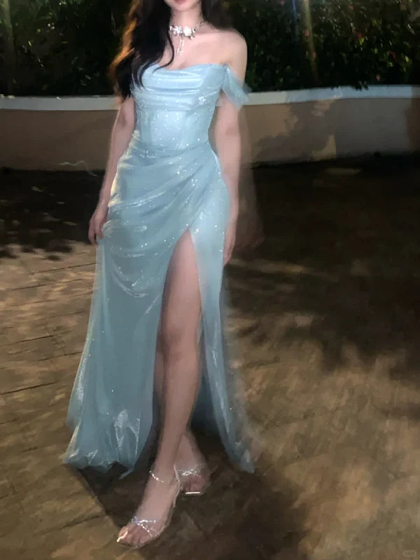 Baby Blue A Line Off the Shoulder Sequin Satin Long Prom Dress Graduation Prom Dress