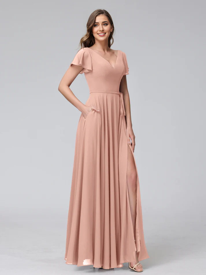 Satin Short-Sleeve V-Neck Ruched Bodice High-Slit A-Line Floor-Length Burgundy Romantic Bridesmaid Dress