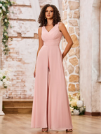 Chiffon Spaghetti-Strap V-Neck Ruched Bodice Wide-Leg Floor-Length Bridesmaid Jumpsuits