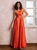 Satin Spaghetti-Strap Deep V-Neck Ruched Bodice High-Slit A-Line Floor-Length Bridesmaid Dresses
