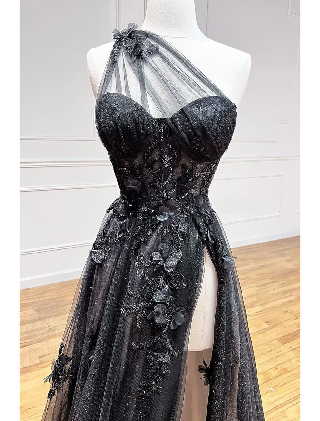 A-Line Prom Dresses Dress Formal Sleeveless One Shoulder Tulle Backless with Pleats Appliques