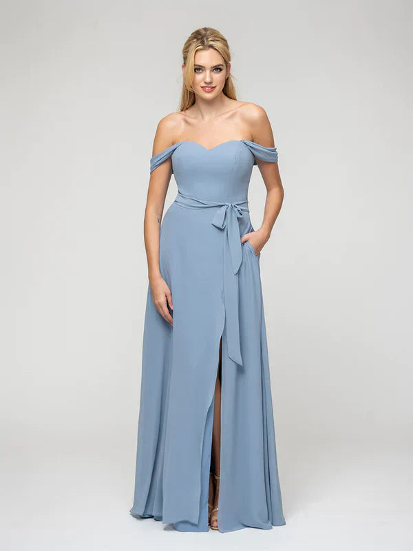 A Line Chiffon Bridesmaid Dress Slit Off The Shoulder Elegant Wedding Party Gown For Bridesmaids