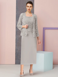 Two Piece Mother of the Bride Dress Formal Wedding Guest Elegant Square Neck Ankle Length Chiffon Lace Sleeveless Wrap Included with Appliques